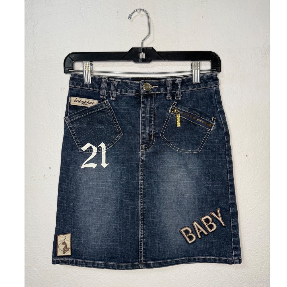 Vtg Baby Phat Girls Large Denim Skirt Y2K 2000s Embroidered